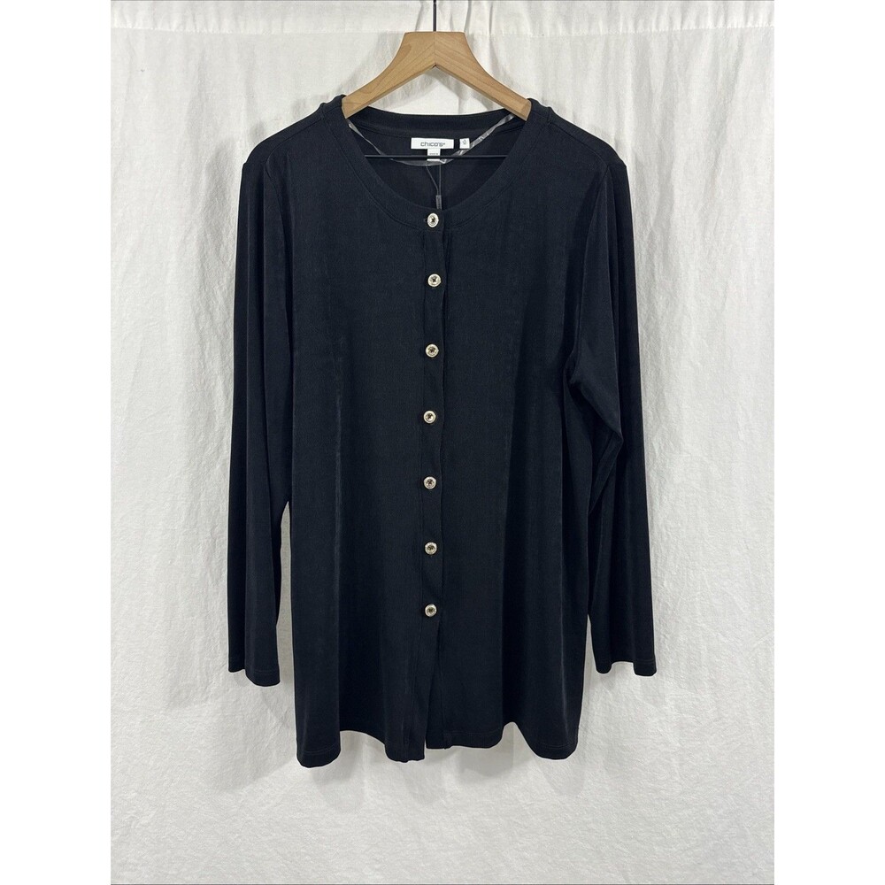 Chicos Travelers Scoop Neck Button Front Black Slinky Shirt Women’s Sz XL